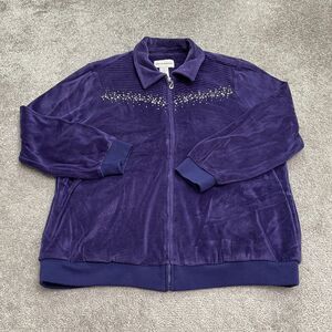 Alfred Dunner Velour Jacket Womens Medium Purple Studded Full Zip Casual Outdoor